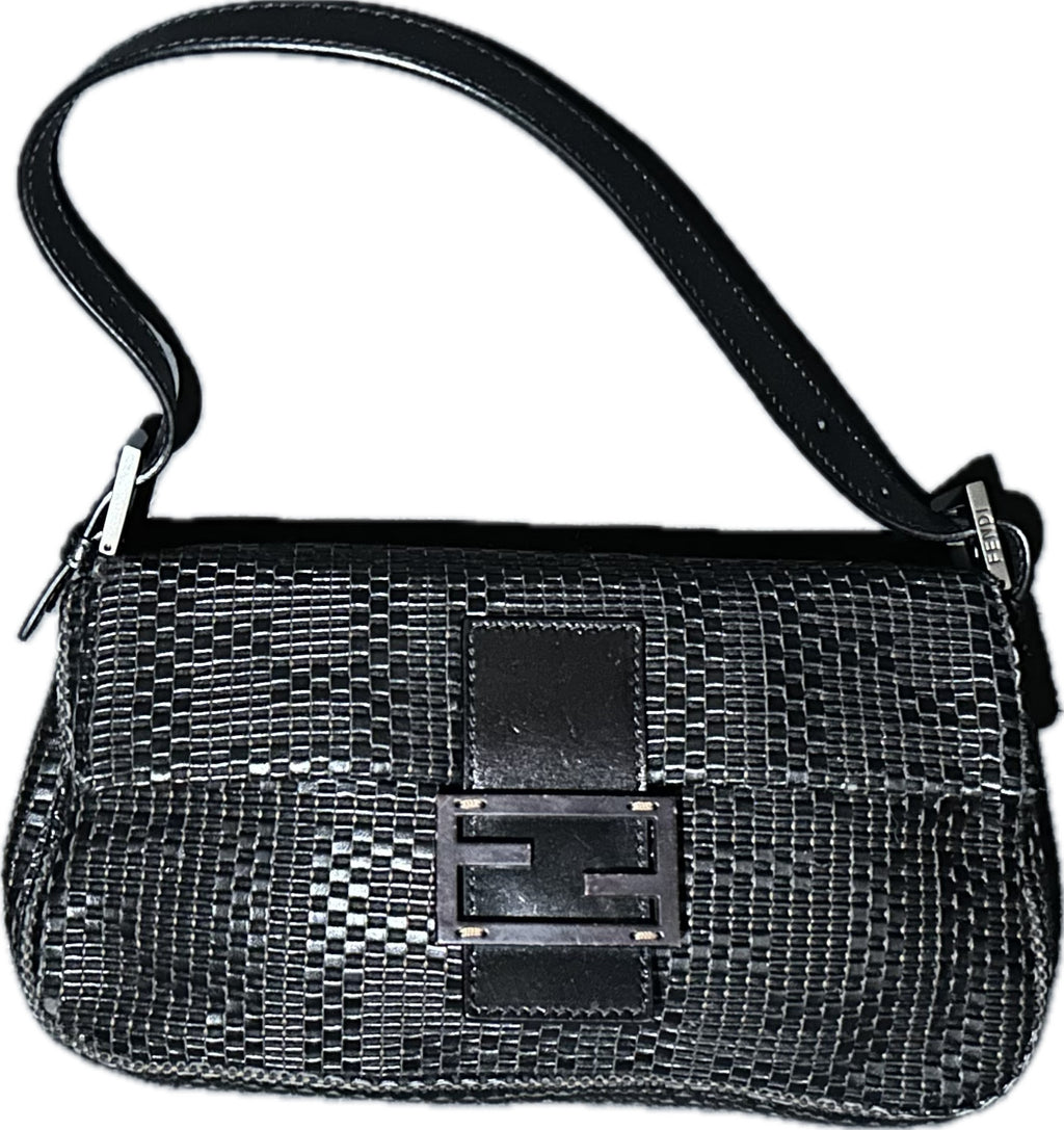 FENDI Baguette Black Woven Zucca Monogram Shoulder Bag