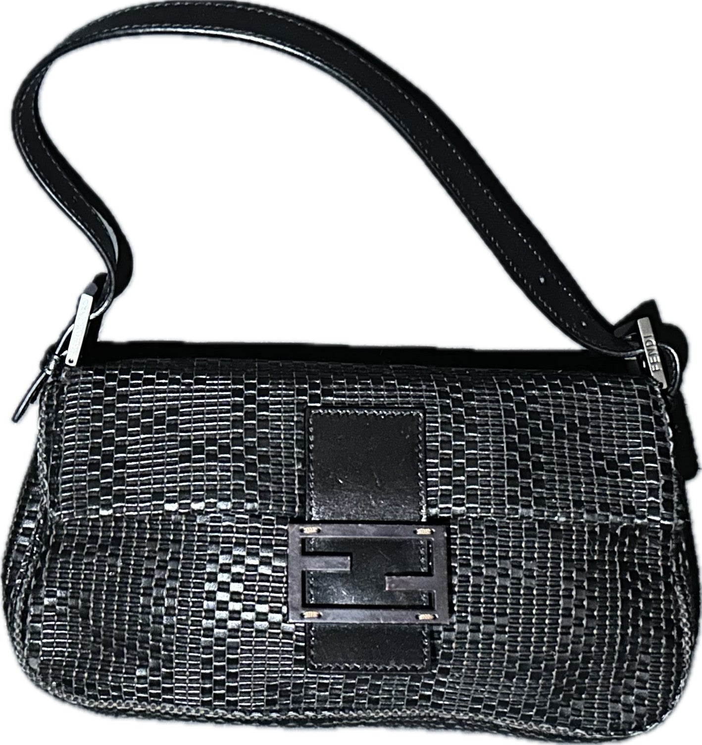 FENDI Baguette Black Woven Zucca Monogram Shoulder Bag