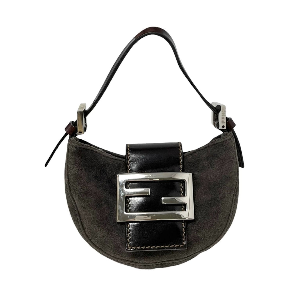 FENDI Vintage FF Logo Micro Croissant Suede Mini Bag Pochette Gray Brown Silver