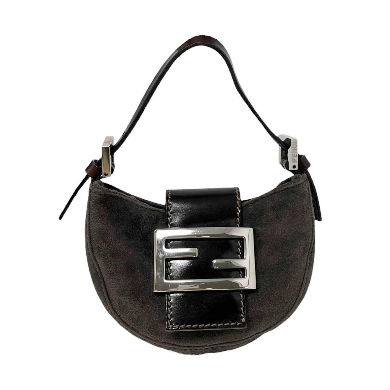FENDI Vintage FF Logo Micro Croissant Suede Mini Bag Pochette Gray Brown Silver