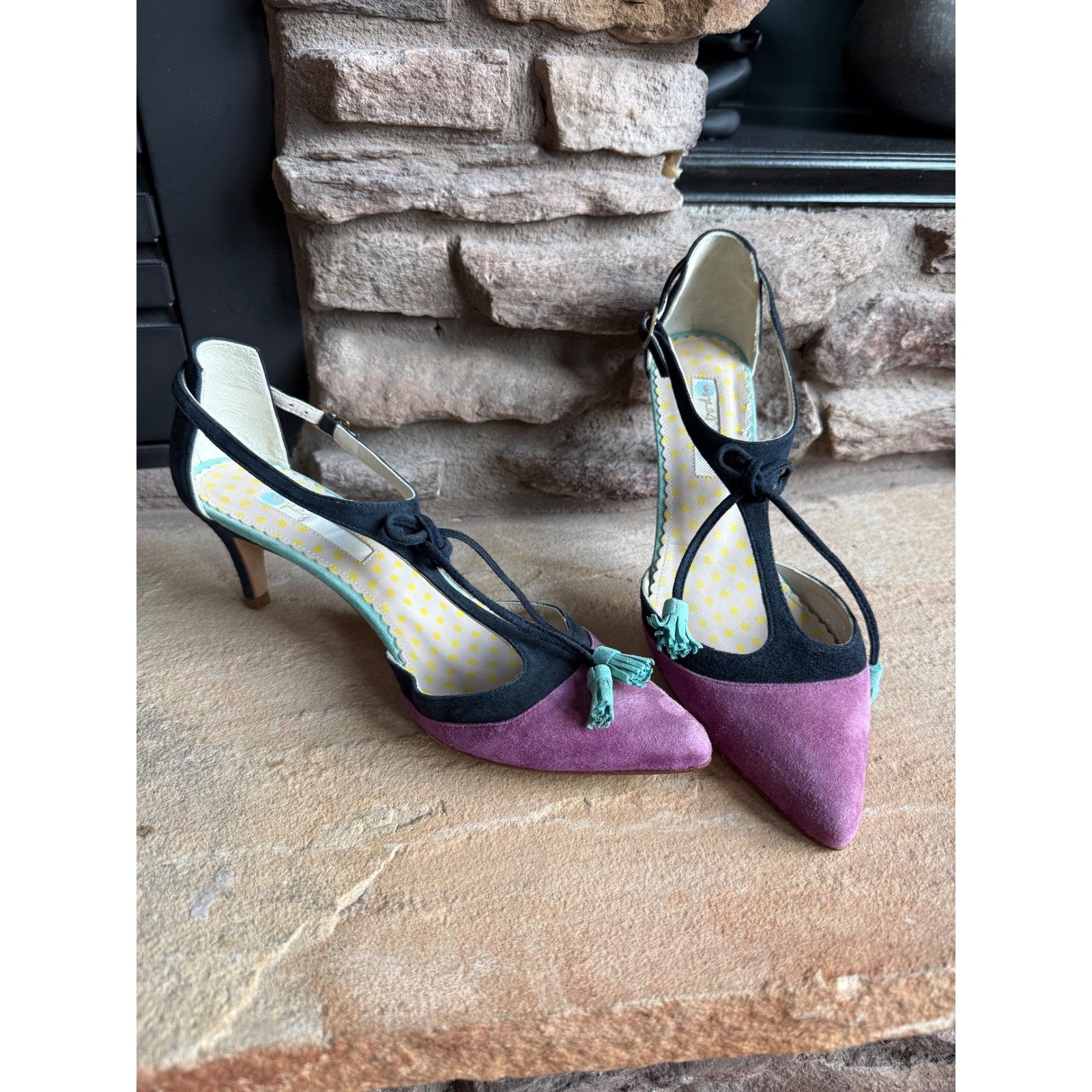 Boden Alice Suede T-Strap Tassel Pointed Toe Pumps Purple Navy Teal EU 37