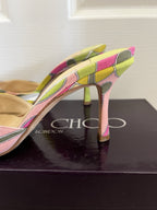 Vintage JIMMY CHOO Green & Pink Open Toe Pucci Print Heels, Made In Italy, 36
