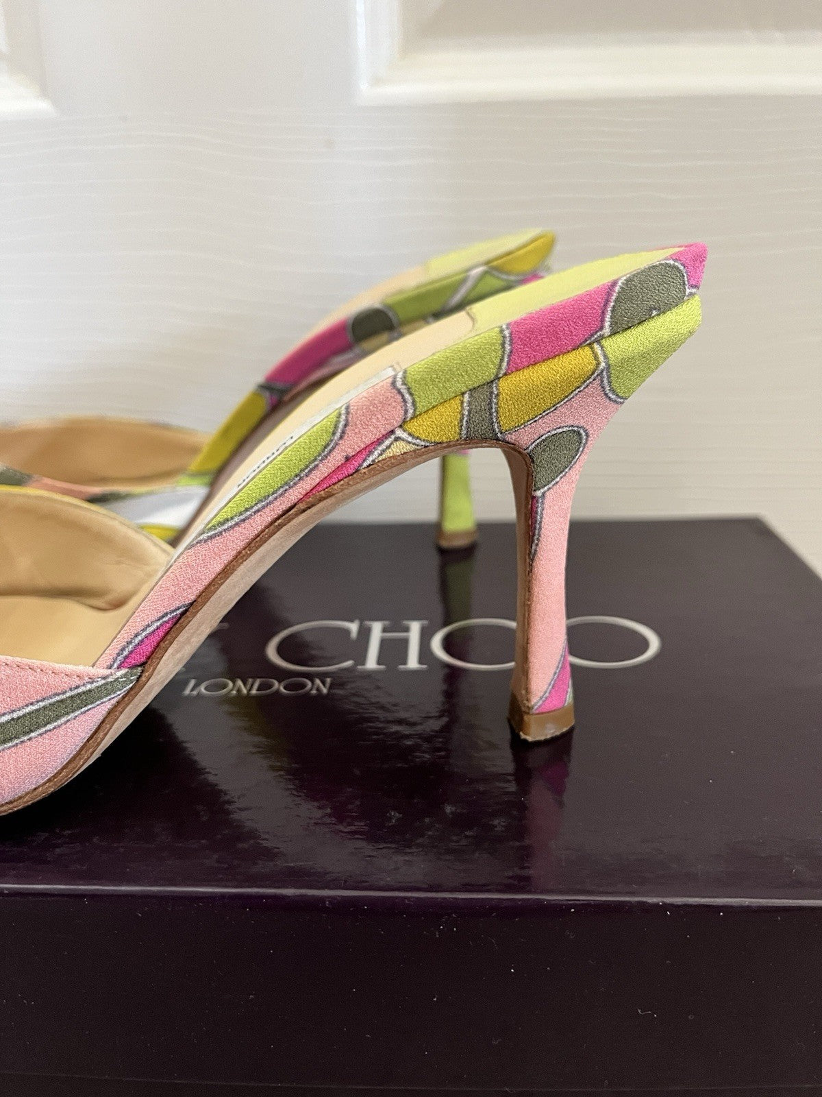 Vintage JIMMY CHOO Green & Pink Open Toe Pucci Print Heels, Made In Italy, 36