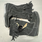 Minnetonka Fringe Boots Womens 9 Black Suede Pull On Moccasin Shoes