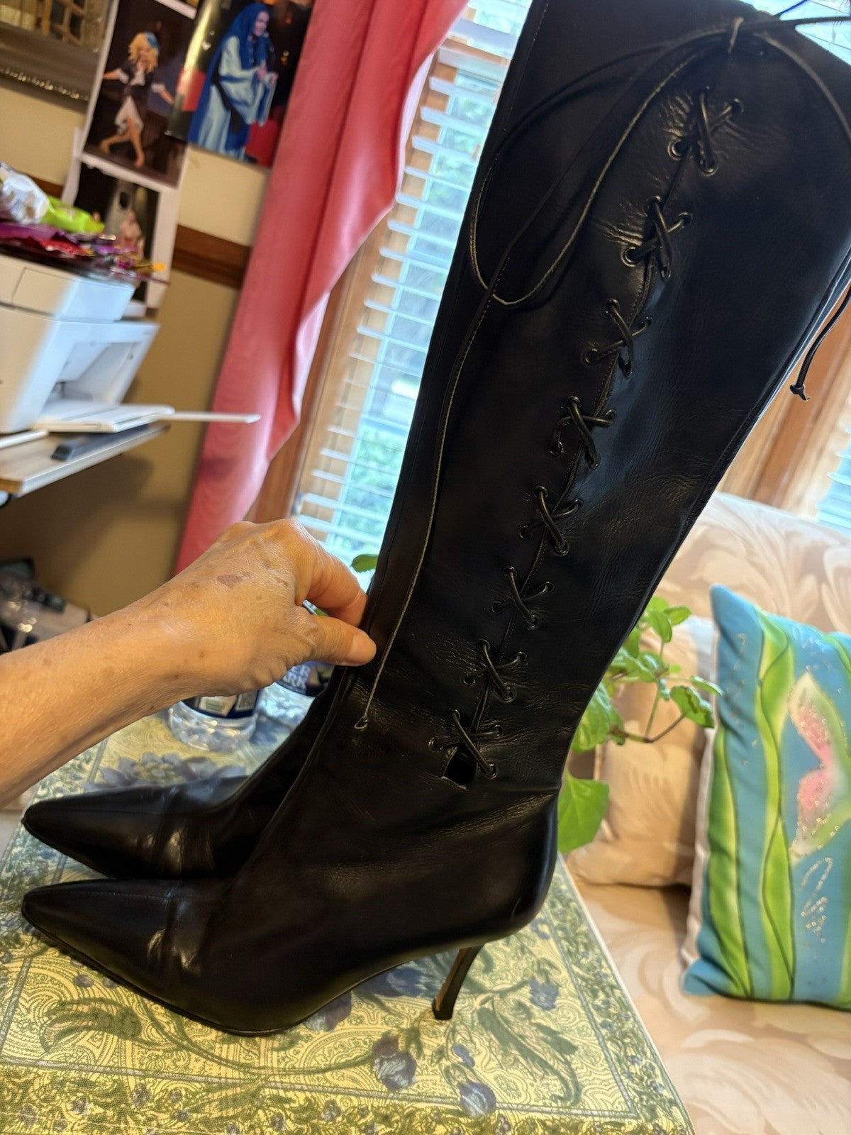 Manolo Blahnik Black Leather Knee High Pointed Toe Stiletto Boots US 6