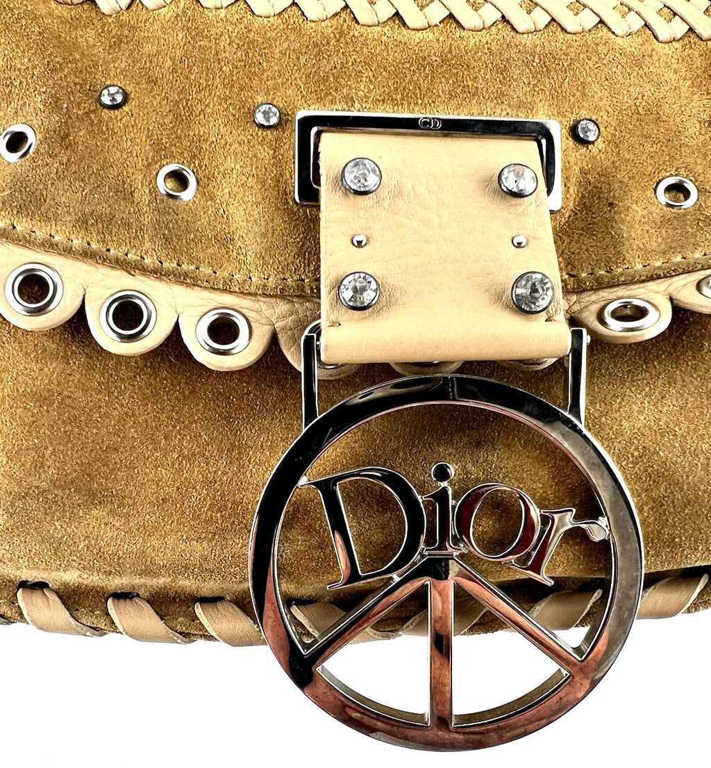 Vtg Christian Dior John Galliano Suede Crystal Peace & Love Bag Studded Y2K 2005