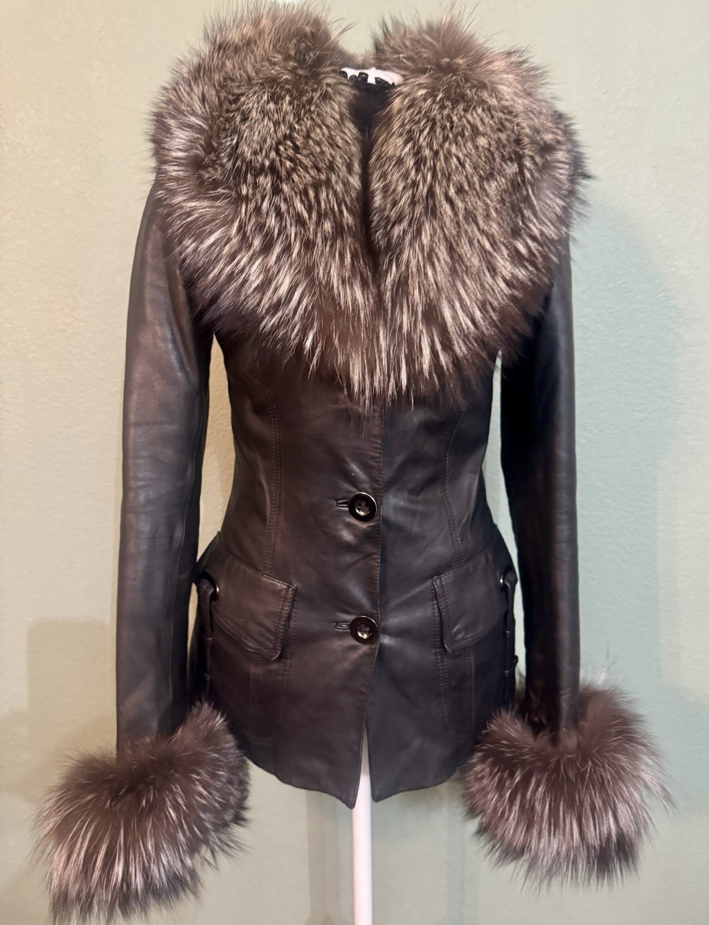 Italian Lamb Skin Leather Jacket with Removable Rabbit Insulation and Silver Fox Trim