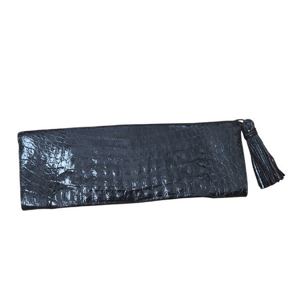 Nancy Gonzalez Black Slim Envelope Clutch Pouch Evening Bag Tassel Zip Crocodile