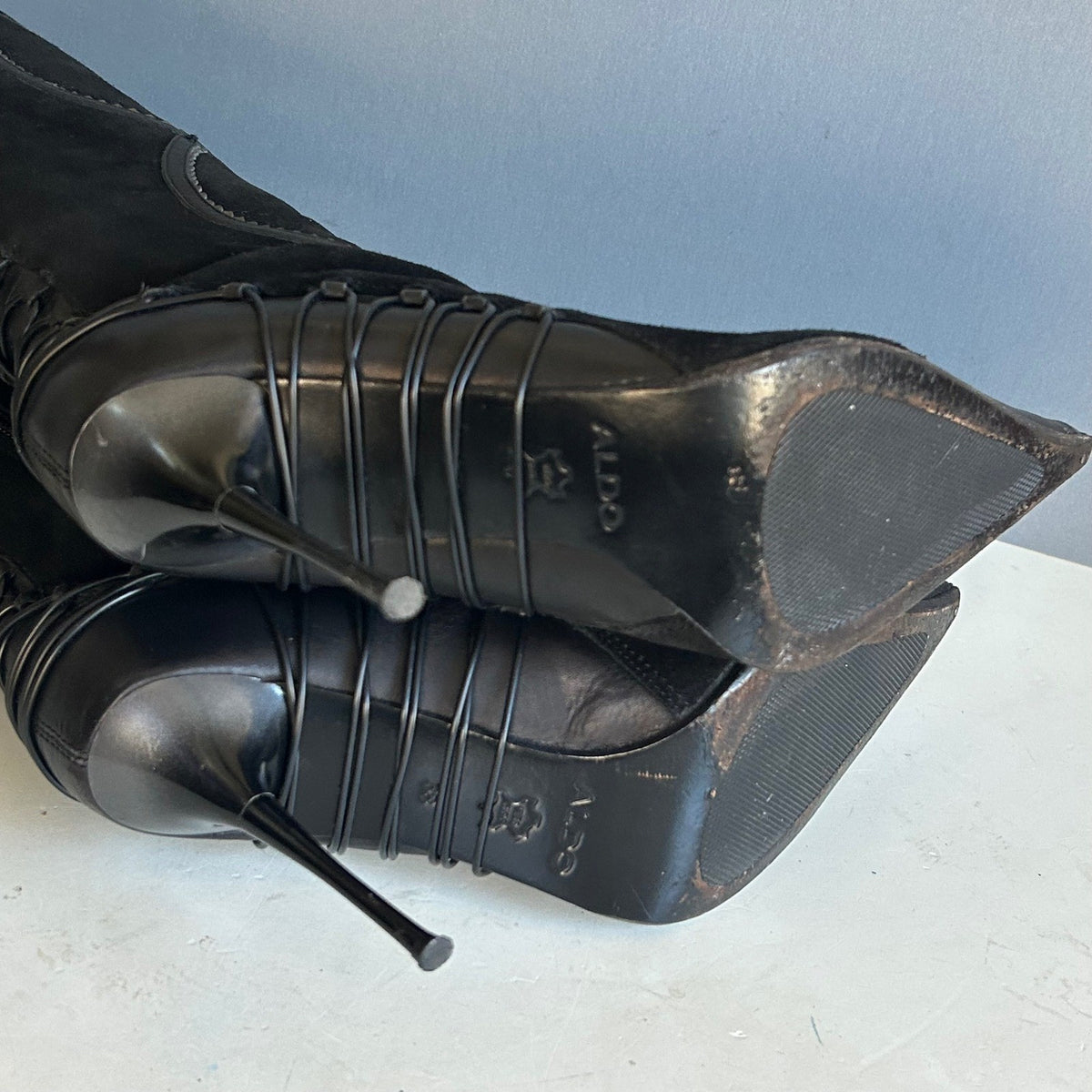 Aldo Tall Lace-Up Heeled Boots Black Pointed Toe Stiletto Knee