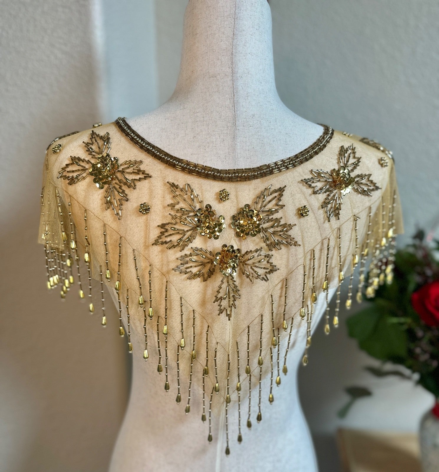 Vintage Gold Beaded Mesh Capelet Fringe Shawl Flapper Evening Collar
