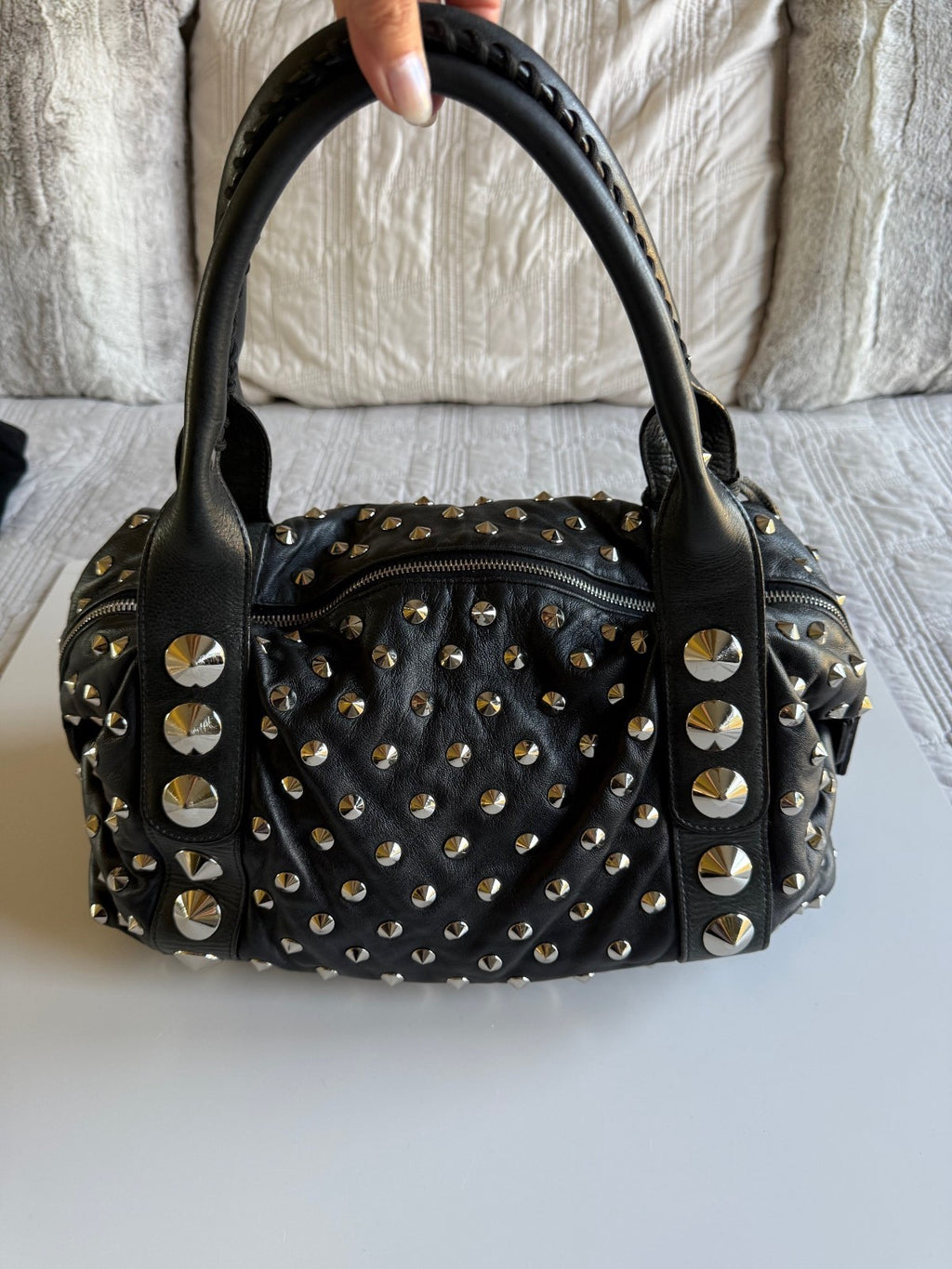 BE&D The Garbo Black Lambskin Leather Studded Bell-Shaped Satchel