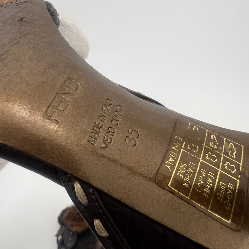 Fendi | Auth Selleria Brown Leather Mink Fur Camellia Ankle Strap Stiletto (35)
