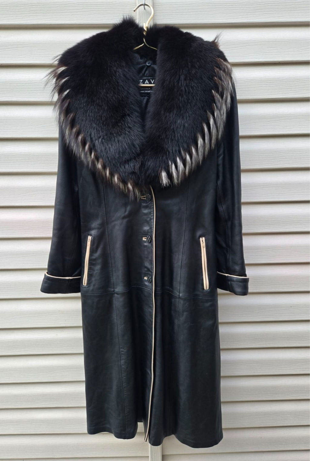 Vintage Y2K Black Leather Coat with Fox Fur Collar and Cuffs