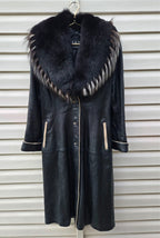 Vintage Y2K Black Leather Coat with Fox Fur Collar and Cuffs