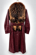 Vintage Long Leather Coat with Removable Fur Collar Brown Women's