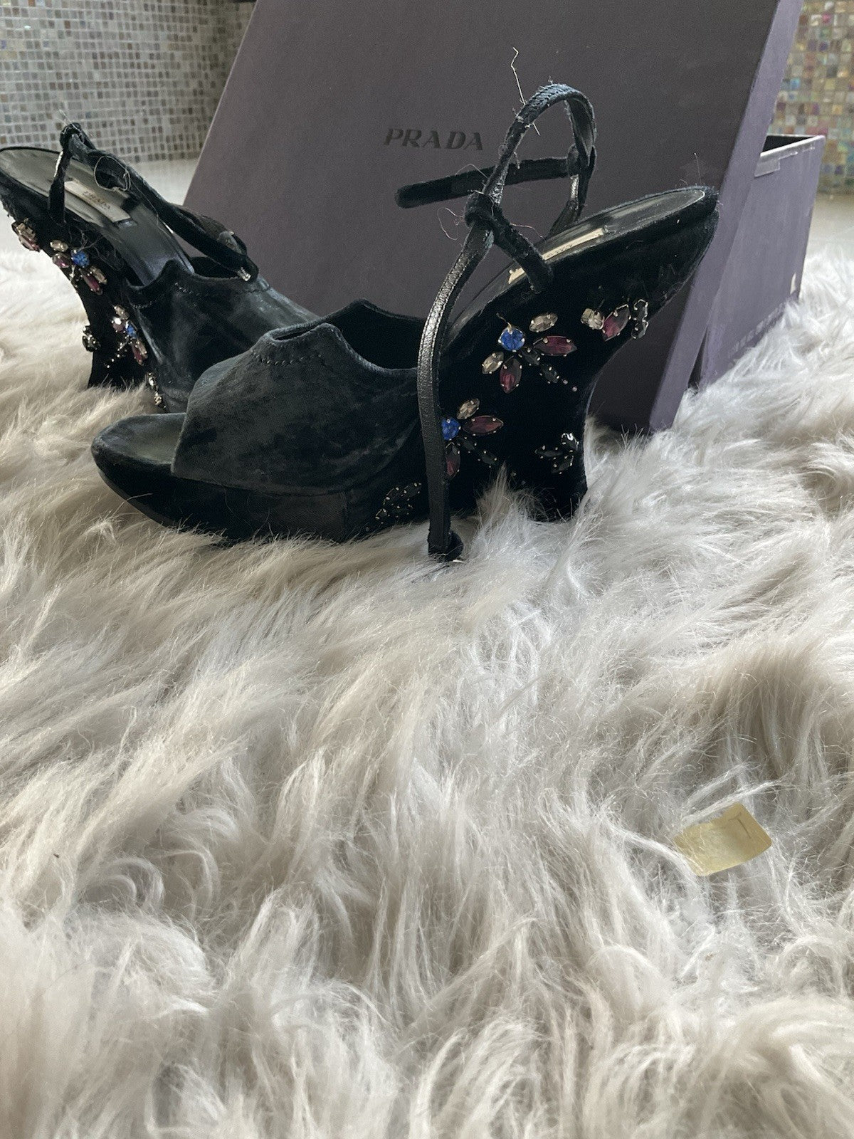 Prada Velvet Wedge Platform with Crystal Beads