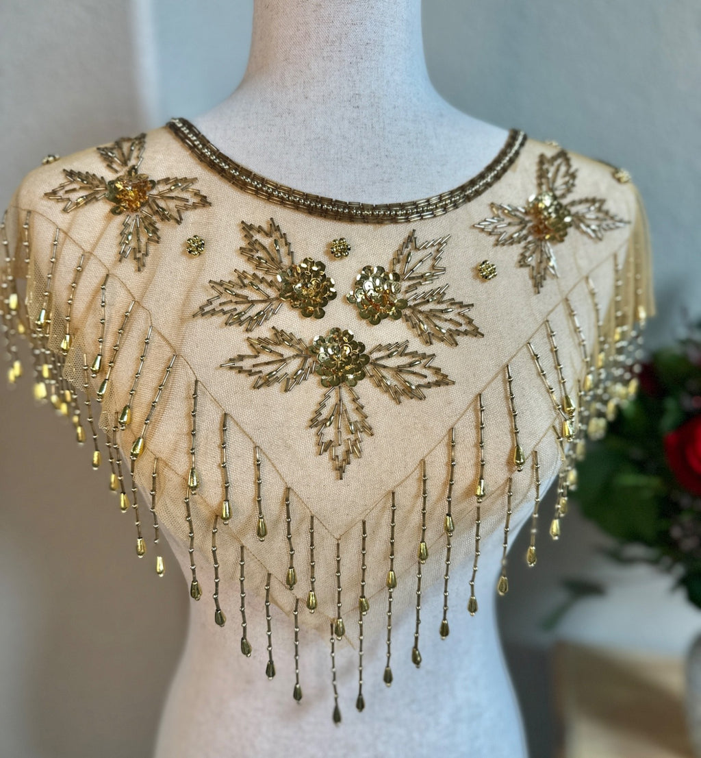 Vintage Gold Beaded Mesh Capelet Fringe Shawl Flapper Evening Collar