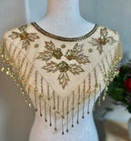 Vintage Gold Beaded Mesh Capelet Fringe Shawl Flapper Evening Collar