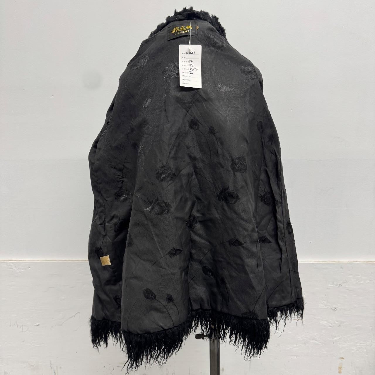 Vintage Black Rabbit Fur Coat with Mongolian Lamb Trim