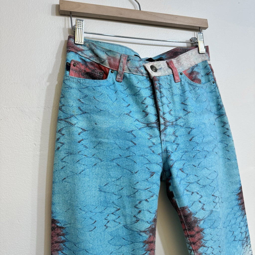 VTG ROBERTO CAVALLI SHIMMER FISH SCALE PRINTED BOOTCUT JEANS