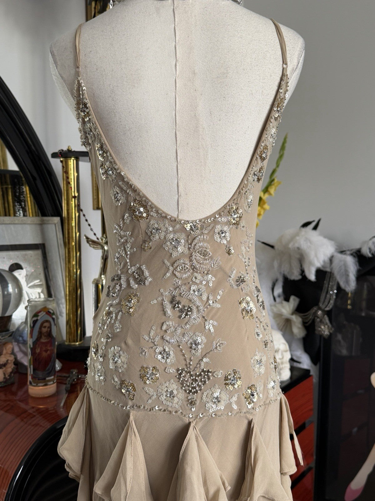 Sue Wong Champagne Silk Hand Beaded Cocktail Dress Size 4