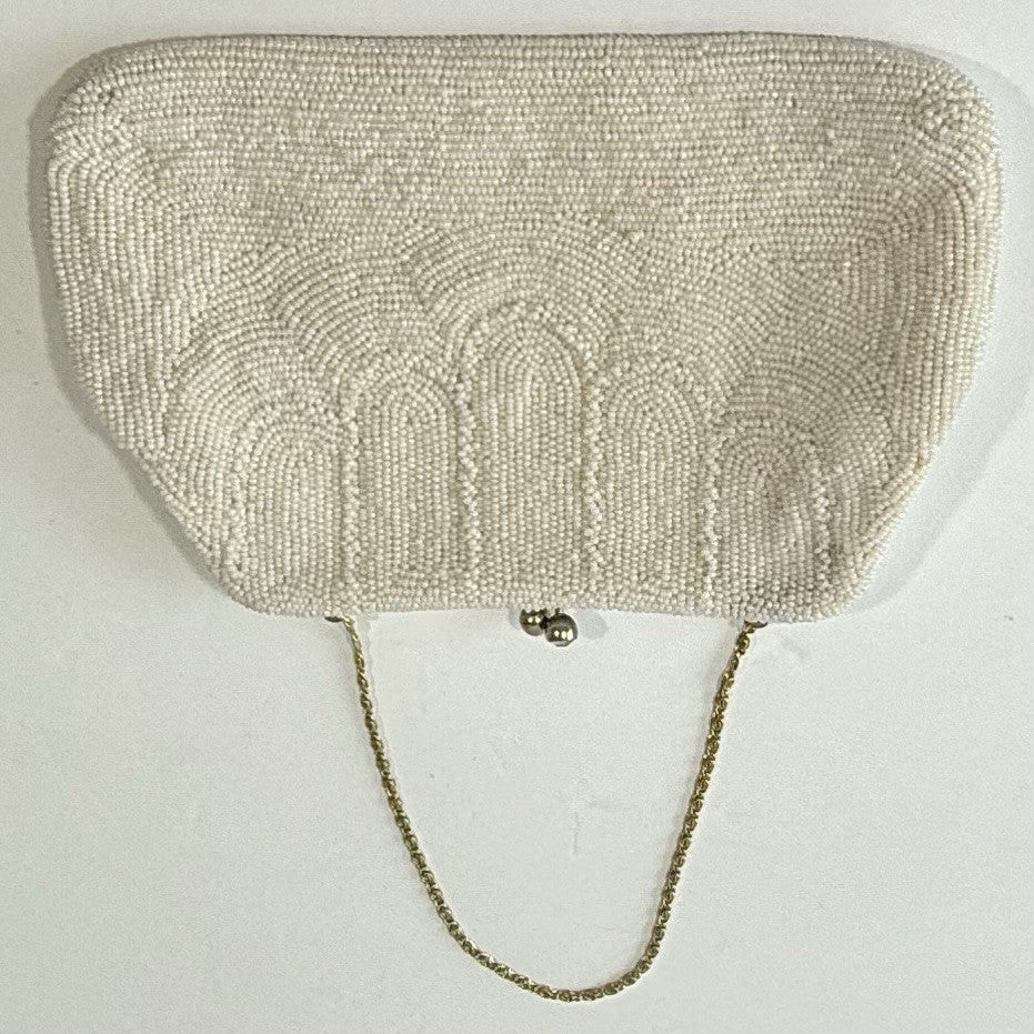 Vintage White Beaded Purse Clutch Bag Handbag Thin Gold Chain Handle