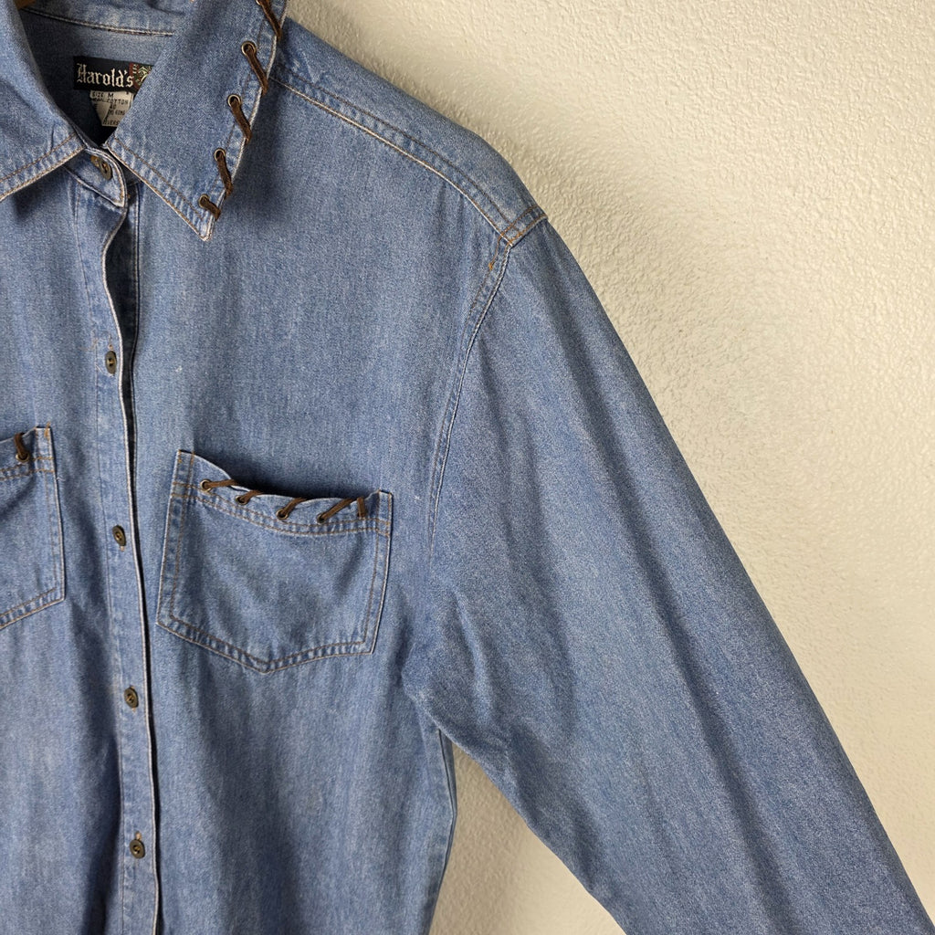 VTG Womens Denim Shirt Western Leather Lace Up Collar Pockets Long Sleeve M
