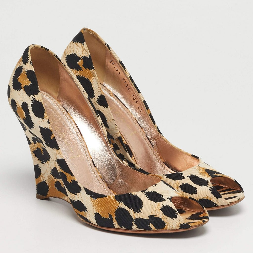 Casadei Tricolor Canvas Wedge Peep Toe Pumps - EU 40 / US 10 / UK 7