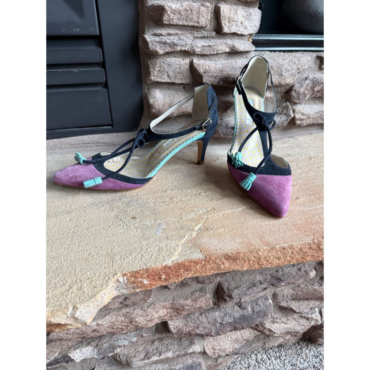 Boden Alice Suede T-Strap Tassel Pointed Toe Pumps Purple Navy Teal EU 37