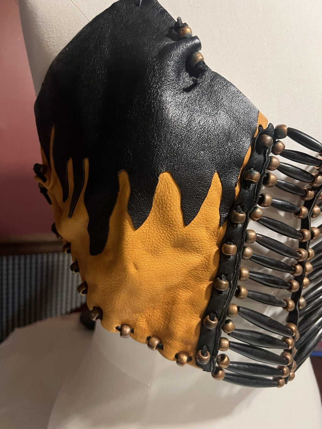 Vtg. 2/ Leather Fringe Halter Tops Black Biker Festival Cowgirl custom-made!!Sm.