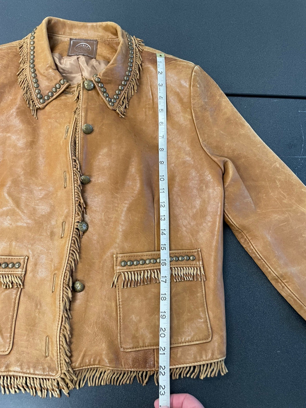 Double D Ranch Leather Jacket Brown Fringe Studded Western Medium