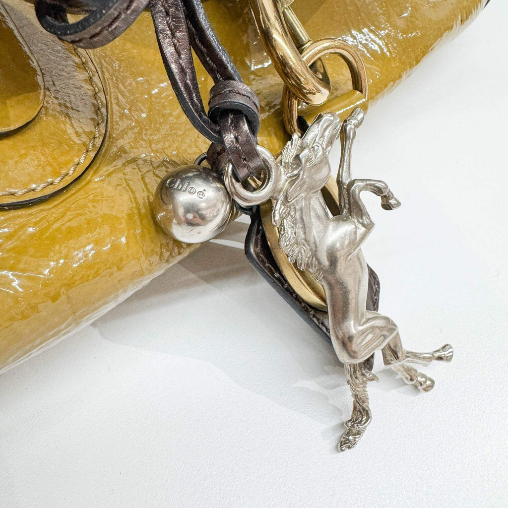 CHLOÉ Paddington Horse Charm Ocher Brown Patent Leather Shoulder Bag