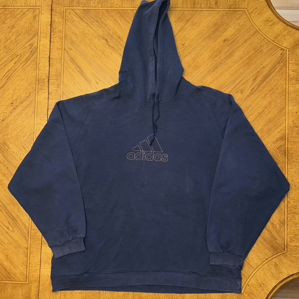 Vintage Adidas Hoodie Sz Large Center Logo Spellout Navy Embroidered Distressed