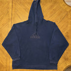 Vintage Adidas Hoodie Sz Large Center Logo Spellout Navy Embroidered Distressed