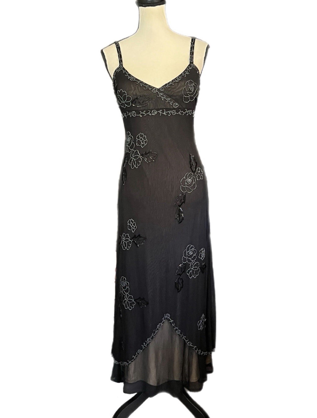 Vintage Caché Sheer Mesh Beaded Floral Slip Dress