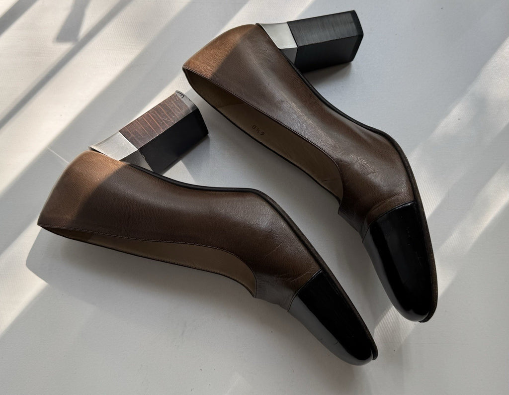 Chanel Two Tone Metallic Silver and Brown Leather Cap Toe Pumps Size 36.5