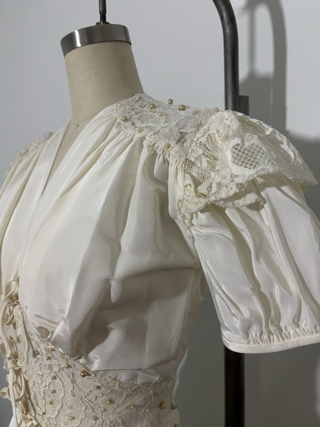 Vintage Late 1930s Ivory Hostess Gown Peignoir-Style Corseted Waist Lace Beaded