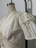 Vintage Late 1930s Ivory Hostess Gown Peignoir-Style Corseted Waist Lace Beaded