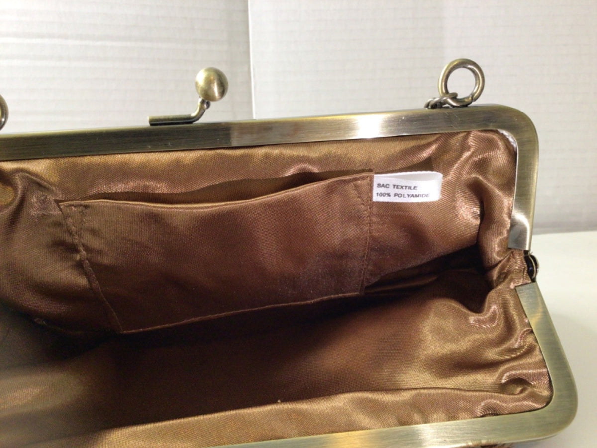 Satin Pleated Evening Clutch with Feather Beading in Bronze