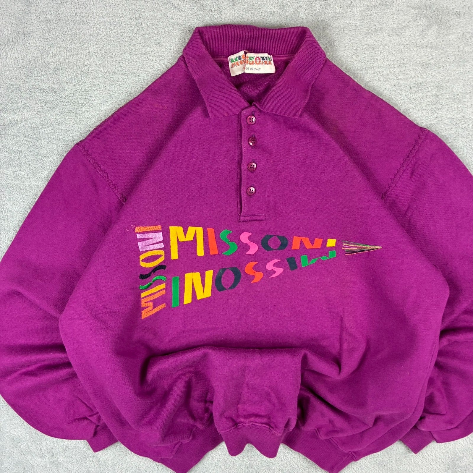 Missoni 1980s Purple Spellout Logo Button Up Jumper Size 42
