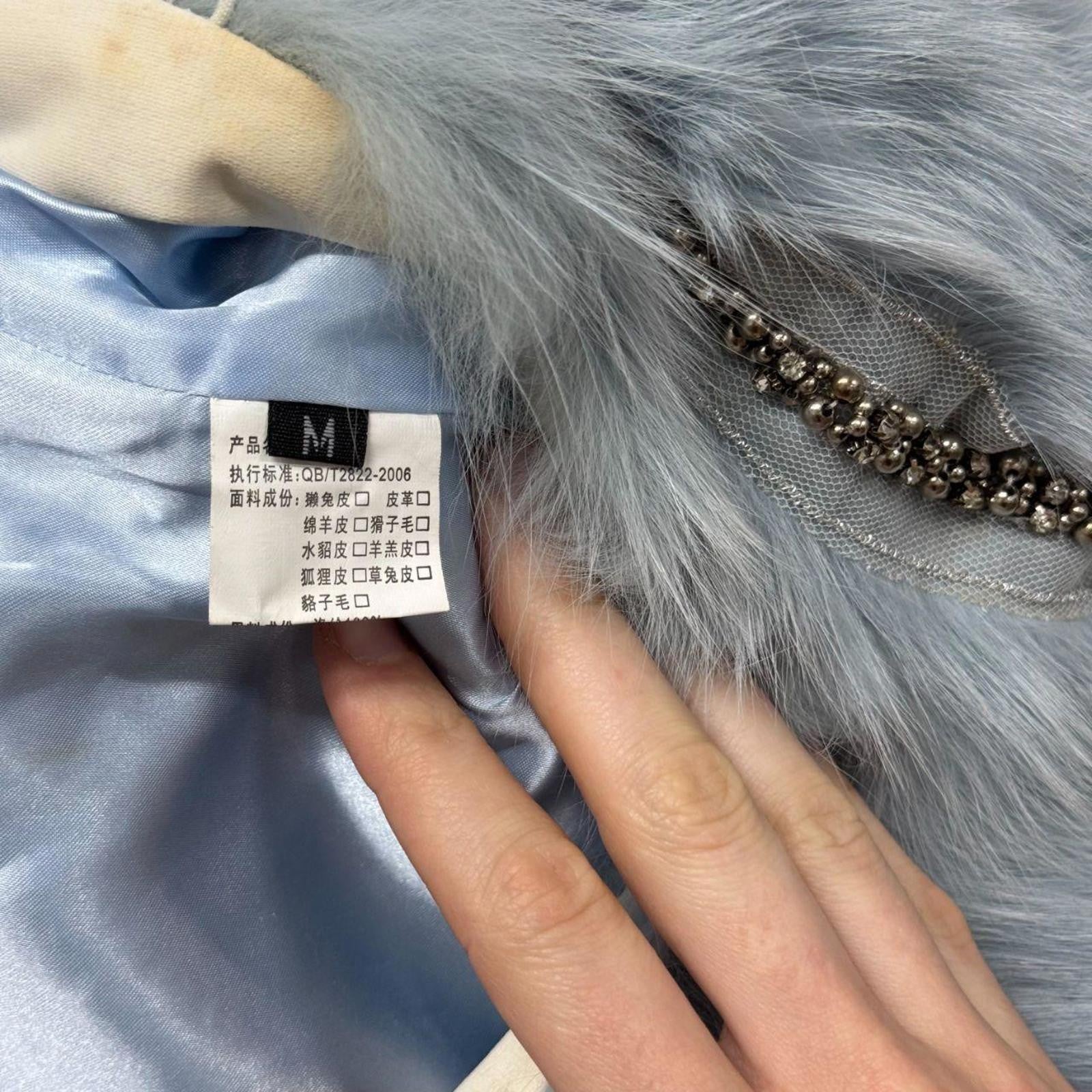Vintage Y2K Beaded Ice-Blue Fox Fur Cropped Jacket