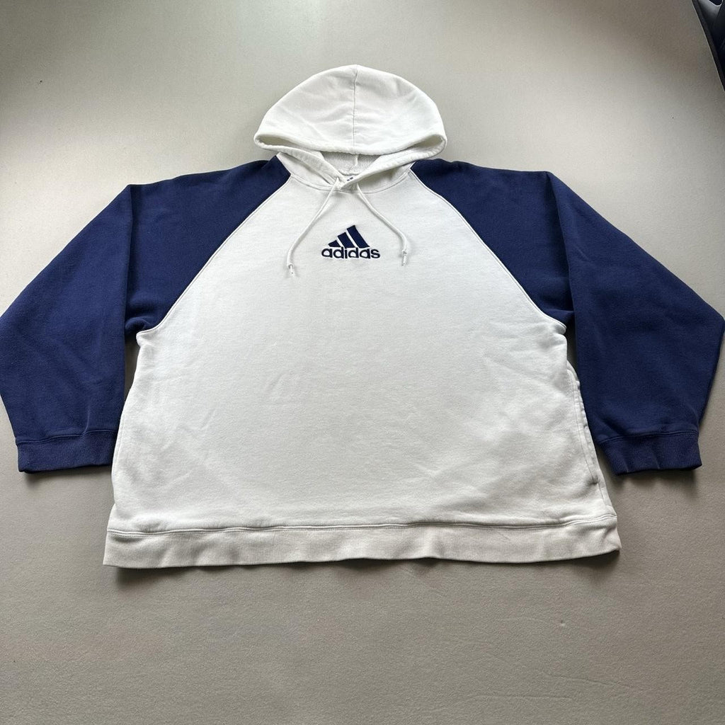 Vintage Adidas Hoodie Sweatshirt Mens XL White Blue Raglan Fleece 3 Stripes y2k