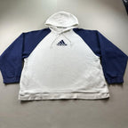 Vintage Adidas Hoodie Sweatshirt Mens XL White Blue Raglan Fleece 3 Stripes y2k