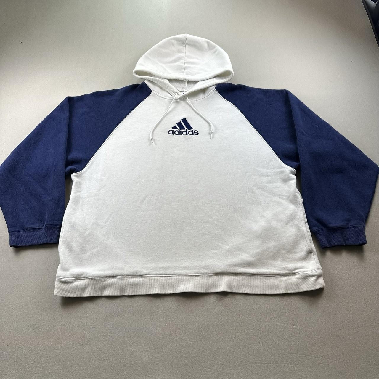 Vintage Adidas Hoodie Sweatshirt Mens XL White Blue Raglan Fleece 3 Stripes y2k
