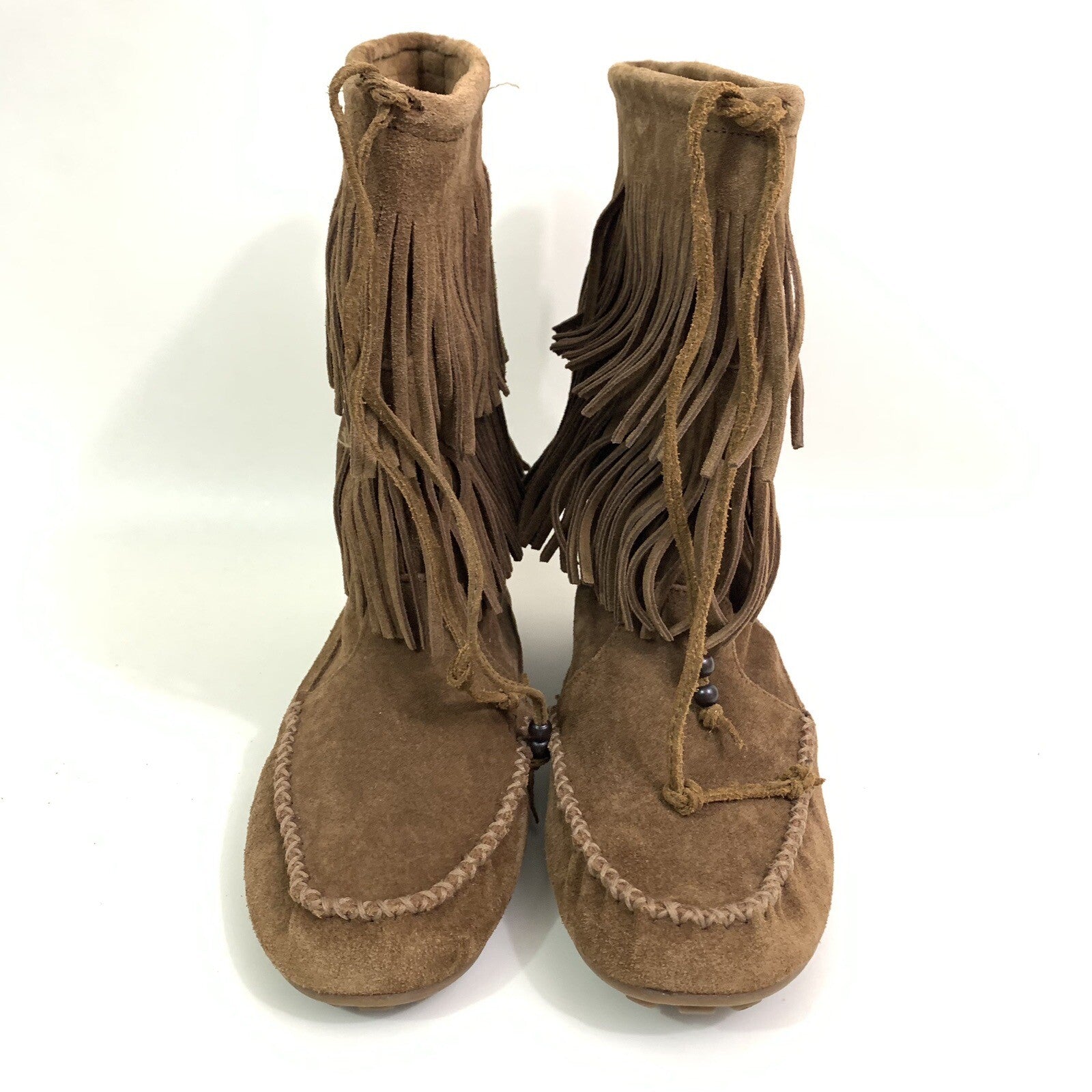 Minnetonka Size 9 Women’s Double Fringe Suede Chestnut Brown Boots
