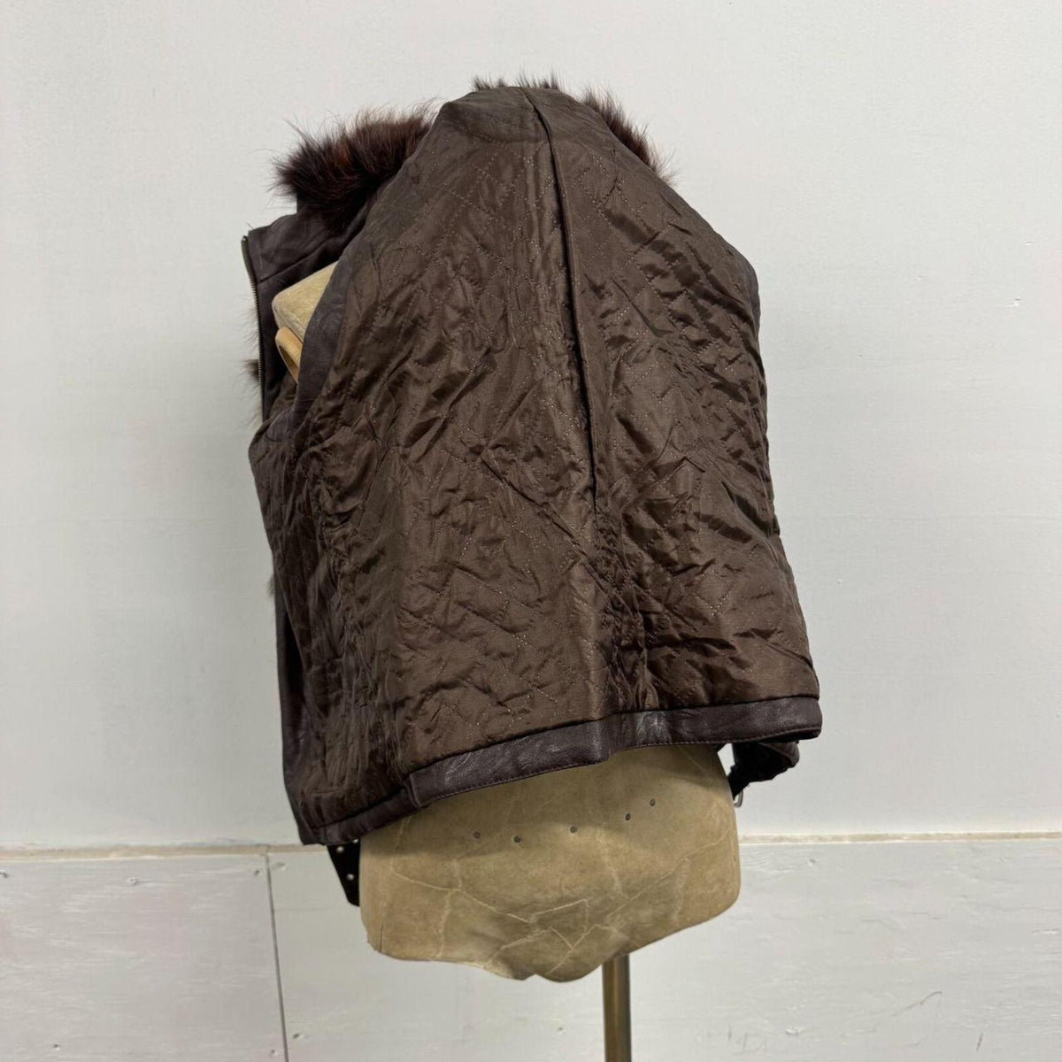 Vintage Y2K Chocolate Leather and Fox Fur Moto Vest