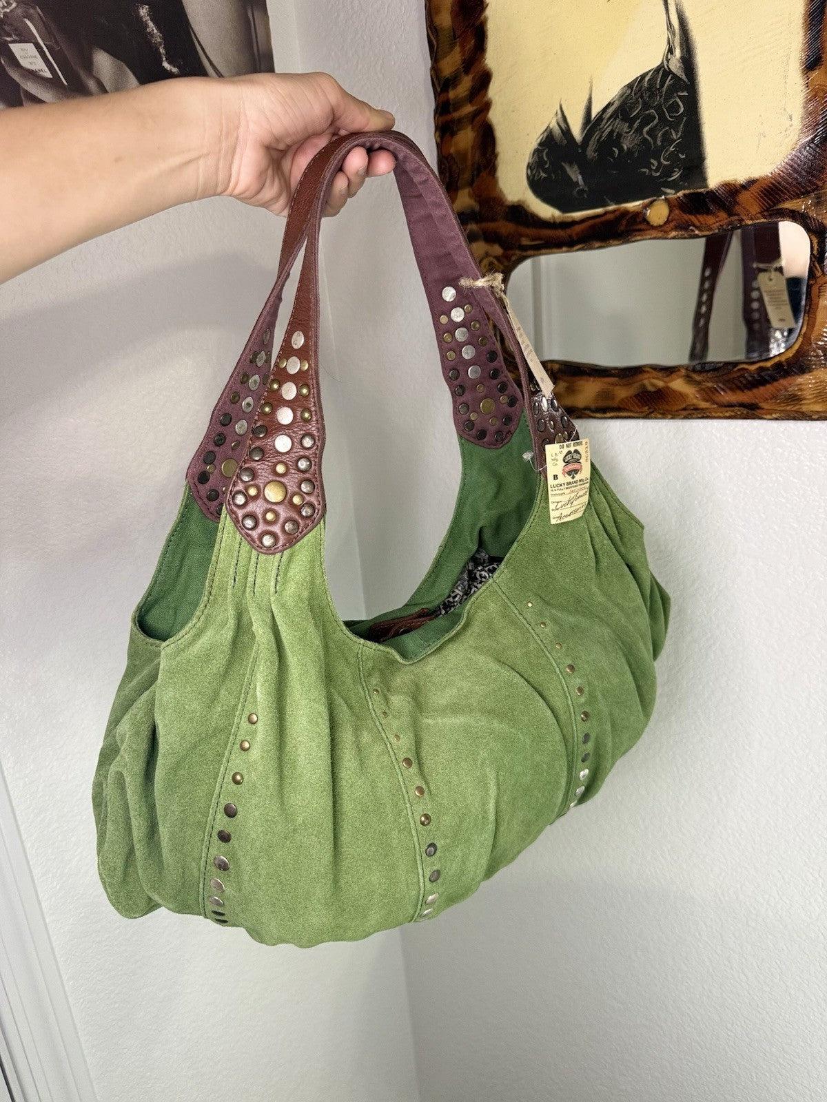 Lucky Brand Y2K Green Suede Studded Hobo Shoulder Bag