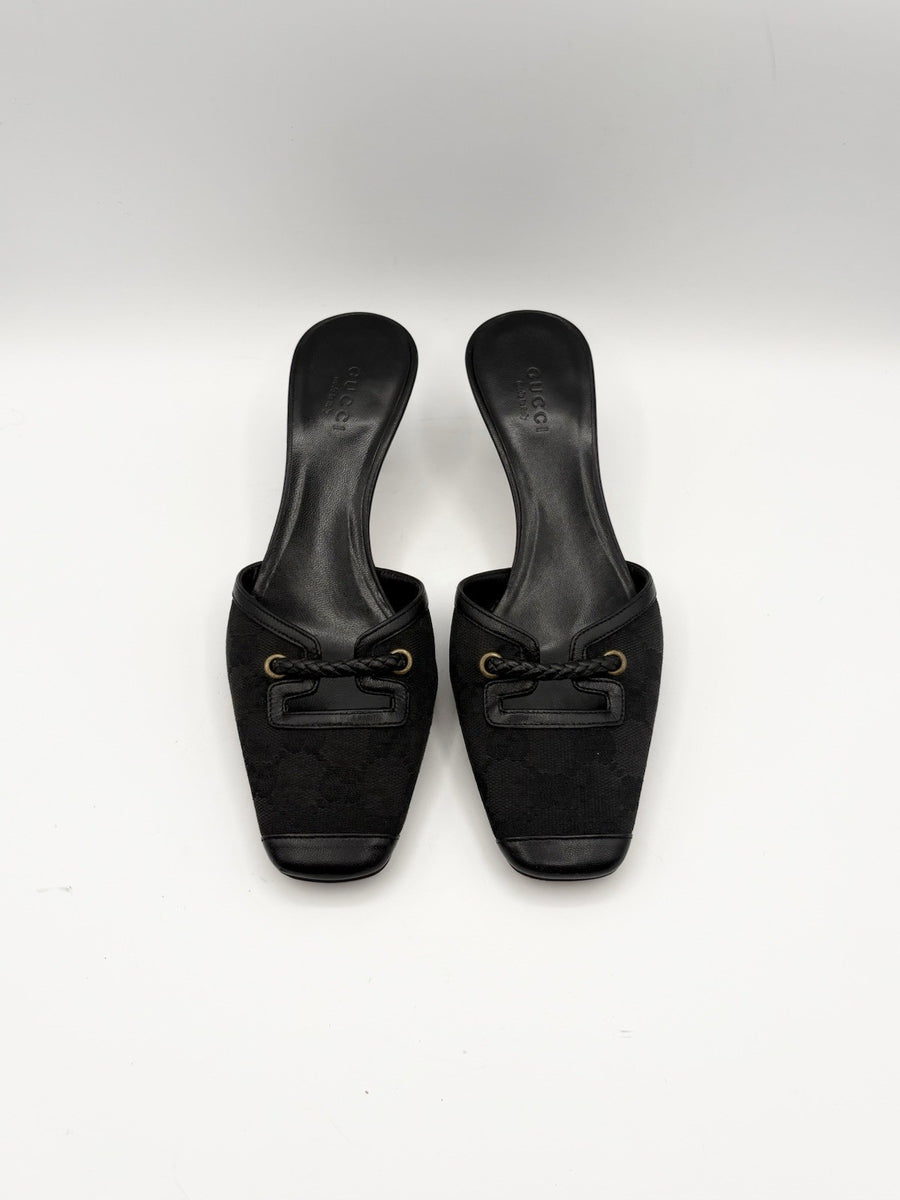 Gucci Black Canvas GG Monogram Kitten Heels with Braid Accent Size EU 35.5