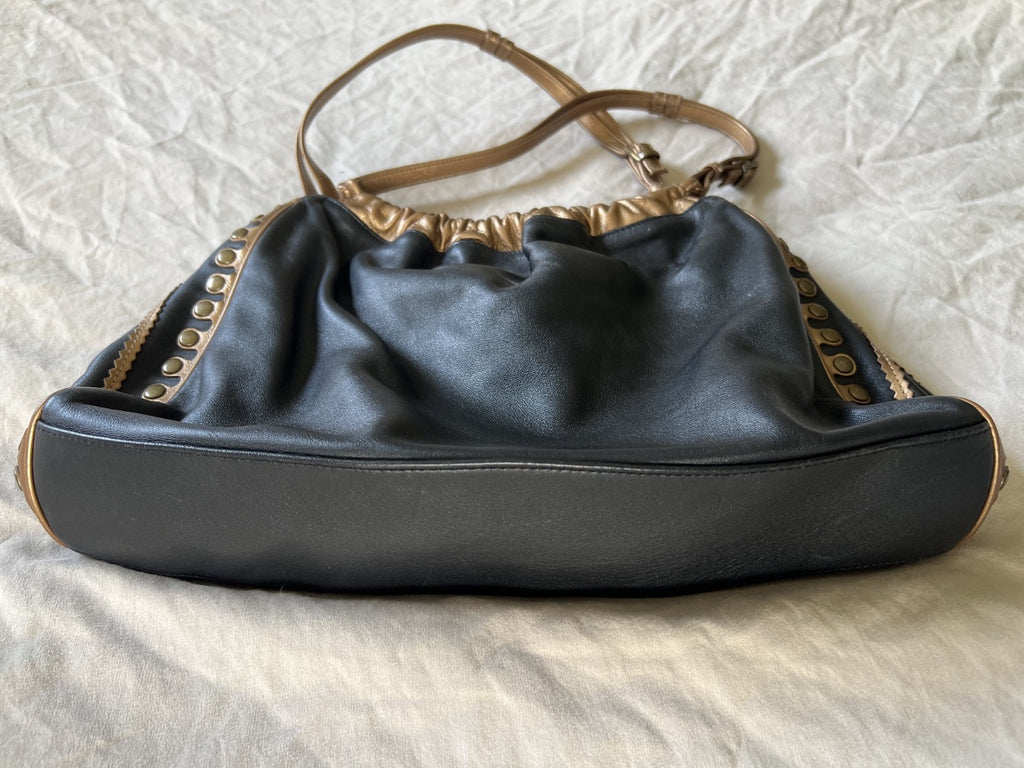 Isabella Fiore Black and Gold Floral Embroidered Leather Shoulder Bag