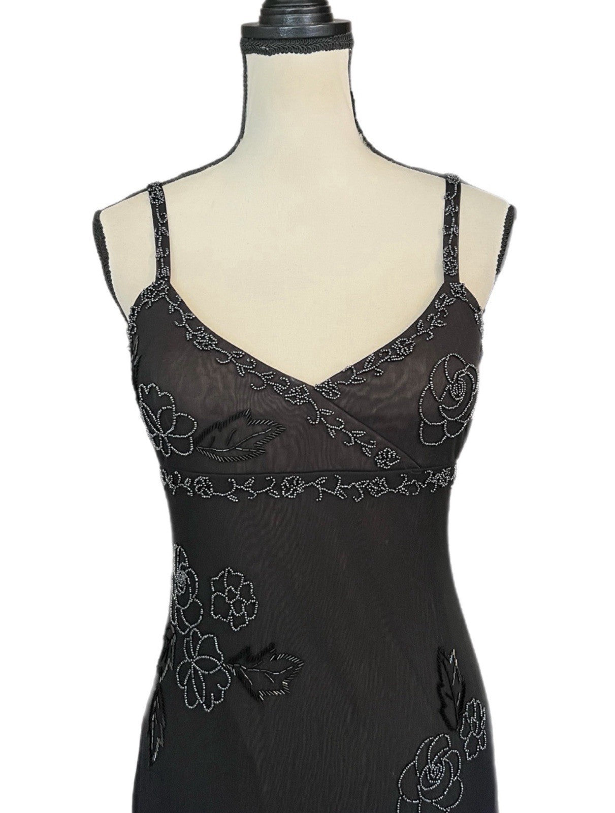 Vintage Caché Sheer Mesh Beaded Floral Slip Dress